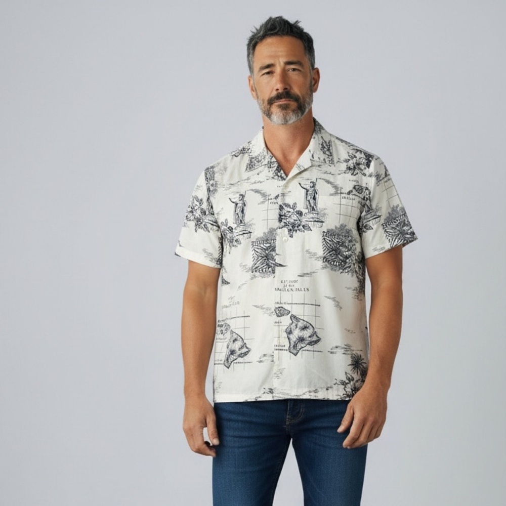 Vintage Howie Hawaiian Shirt Made in Hawaii Island Map White Black Mens XL